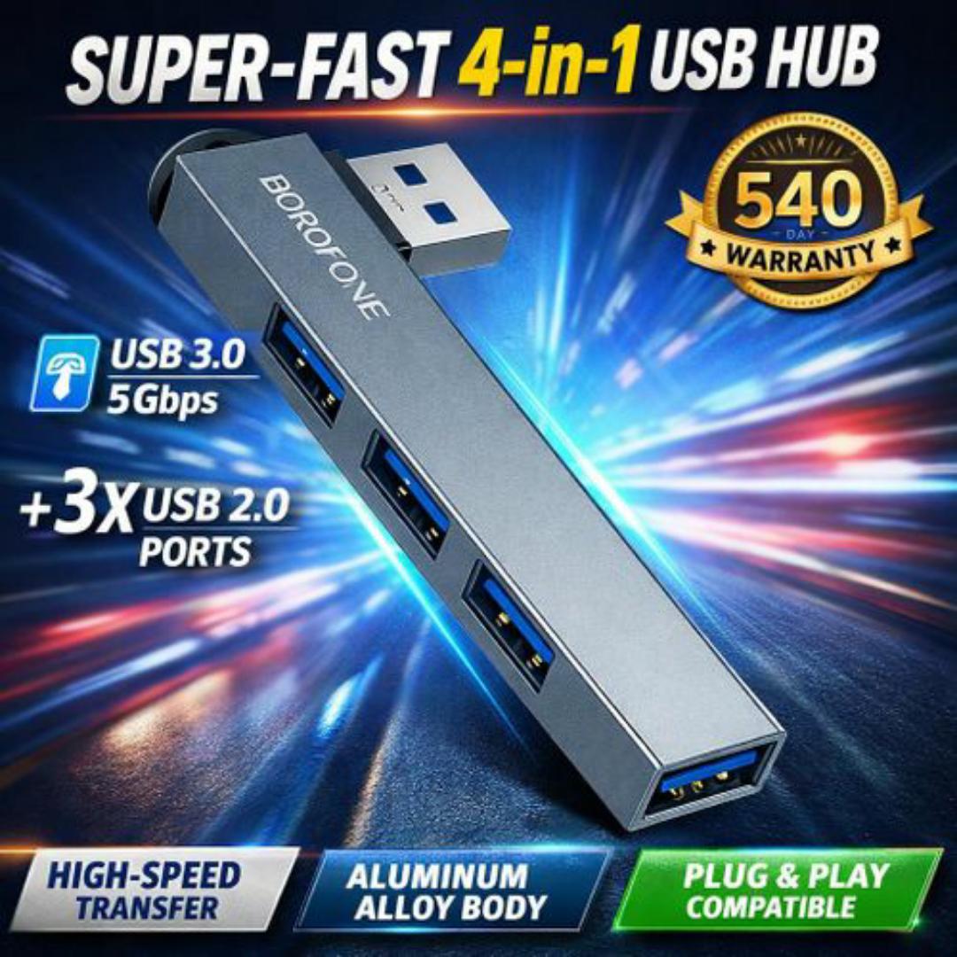 Borofone High-Speed USB Hub 4-in-1 Converter with USB 3.0 (5Gbps) + Triple USB 2.0 - Durable Alloy Build