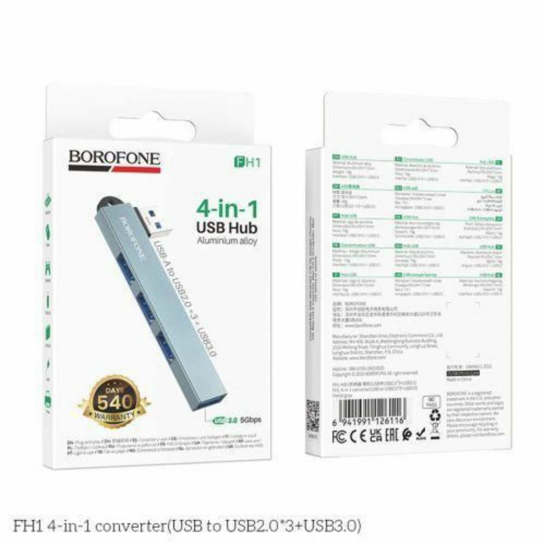 Borofone High-Speed USB Hub 4-in-1 Converter with USB 3.0 (5Gbps) + Triple USB 2.0 - Durable Alloy Build