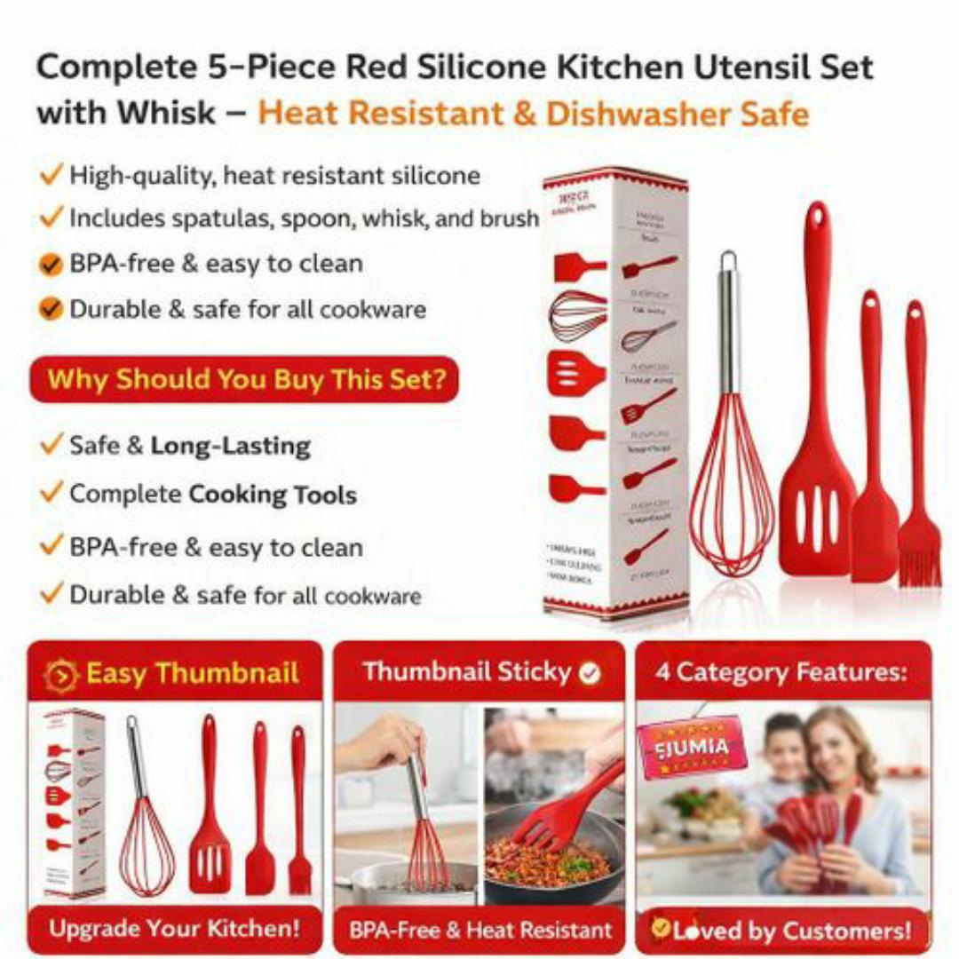 SPICEE 5 Piece Silicone Cooking & Baking Utensil Tools Set - Whisk, Spatulas, Brush & Scraper - Easy Cleaning, Heat Resistant