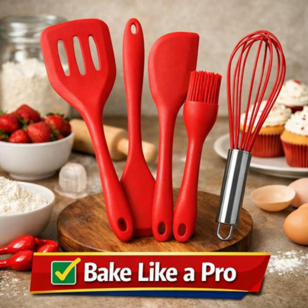 SPICEE 5 Piece Silicone Cooking & Baking Utensil Tools Set - Whisk, Spatulas, Brush & Scraper - Easy Cleaning, Heat Resistant