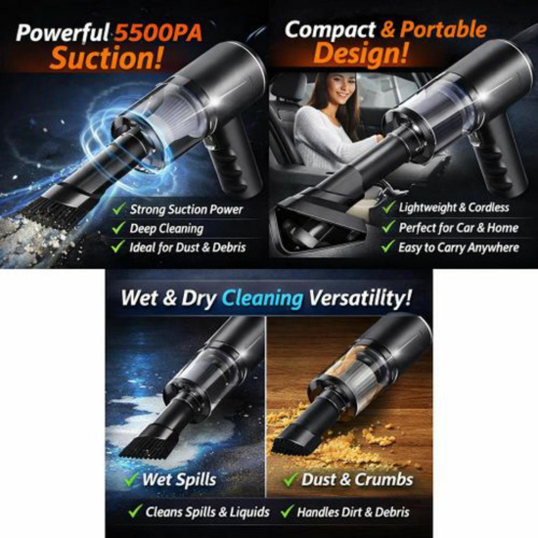Rechargeable Wireless Vacuum Cleaner 5500PA 120W - Wet & Dry - USB Type C - Portable Car & Home Cleaning - Black