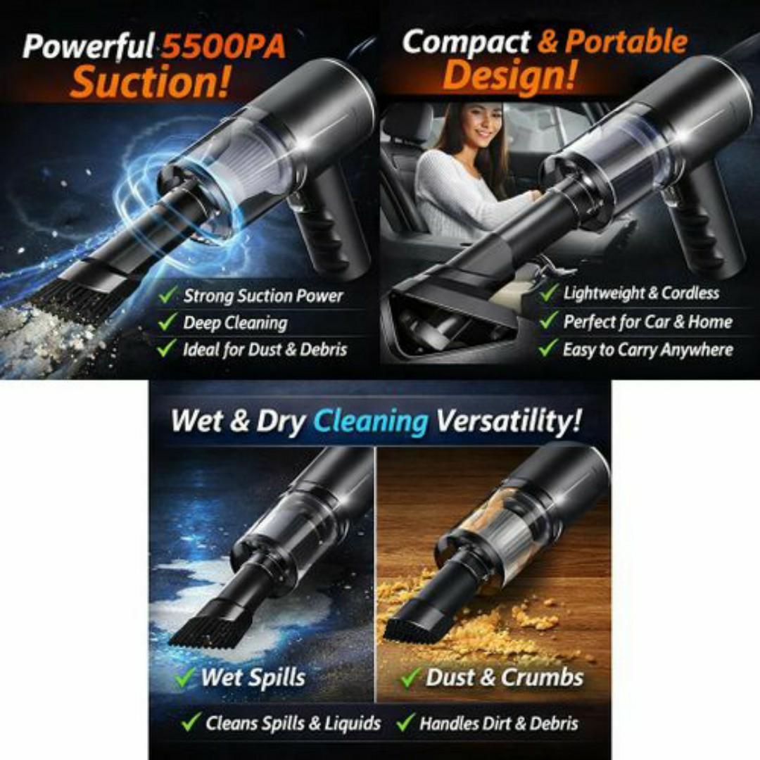 Rechargeable Wireless Vacuum Cleaner 5500PA 120W - Wet & Dry - USB Type C - Portable Car & Home Cleaning - Black