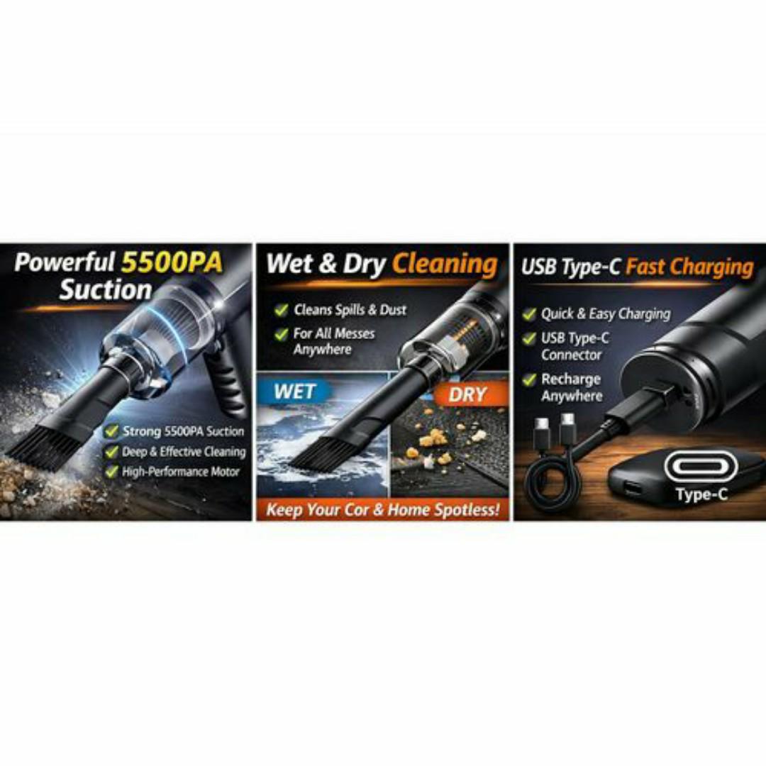 Rechargeable Wireless Vacuum Cleaner 5500PA 120W - Wet & Dry - USB Type C - Portable Car & Home Cleaning - Black