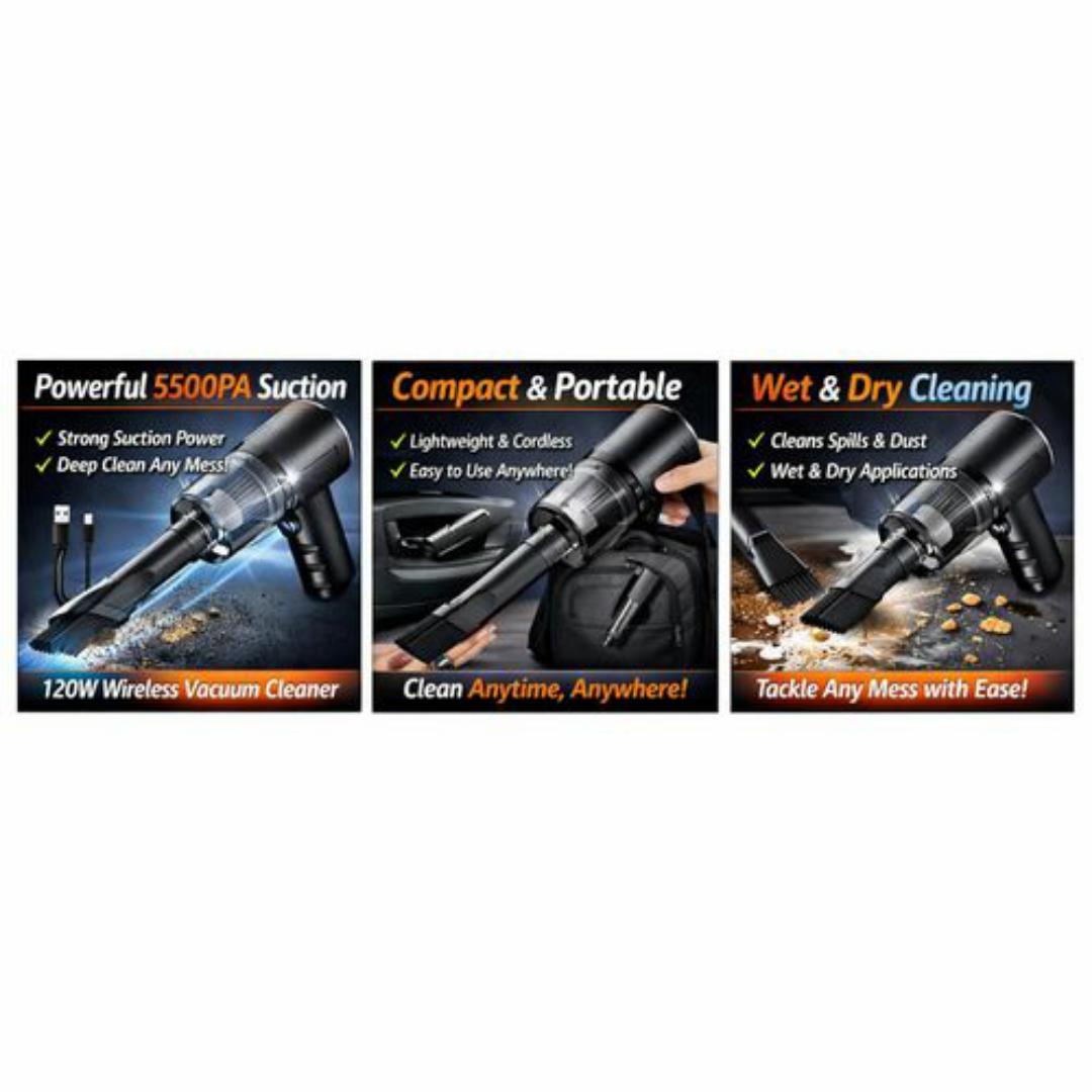 Rechargeable Wireless Vacuum Cleaner 5500PA 120W - Wet & Dry - USB Type C - Portable Car & Home Cleaning - Black