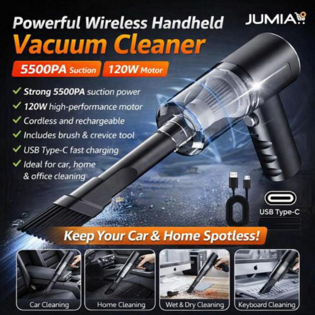 Rechargeable Wireless Vacuum Cleaner 5500PA 120W - Wet & Dry - USB Type C - Portable Car & Home Cleaning - Black