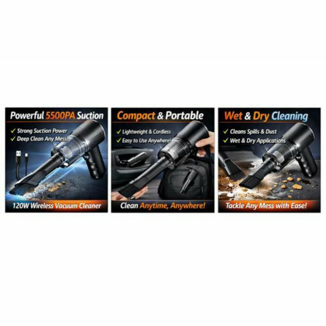 Rechargeable Wireless Vacuum Cleaner 5500PA 120W - Wet & Dry - USB Type C - Portable Car & Home Cleaning - Black