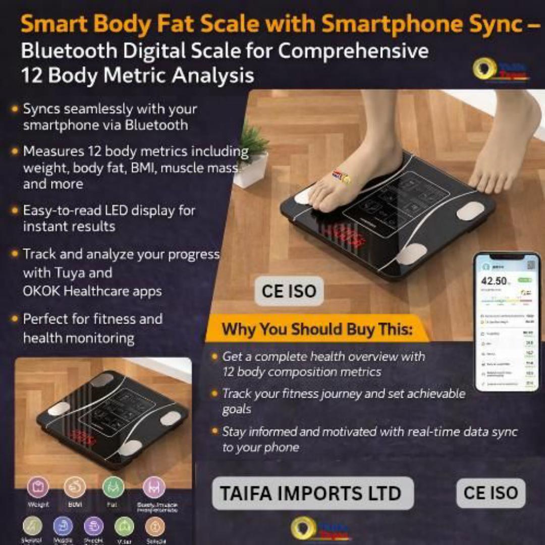 BATHROOM SCALE WEIGHING SCALE DIGITAL MACHINE INTELLIGENT BMI BODY FAT SCALE WITH BLUETOOTH APP (OKOK) - Muscle, Hydration - 12 Health Tracking Metrics - Full Body Analysis