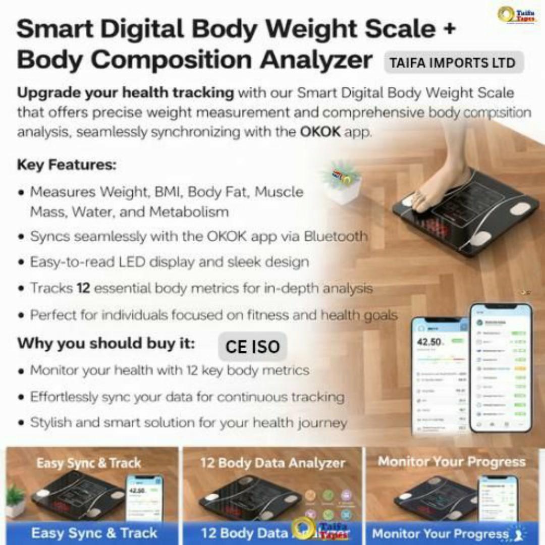 BATHROOM SCALE WEIGHING SCALE DIGITAL MACHINE INTELLIGENT BMI BODY FAT SCALE WITH BLUETOOTH APP (OKOK) - Muscle, Hydration - 12 Health Tracking Metrics - Full Body Analysis