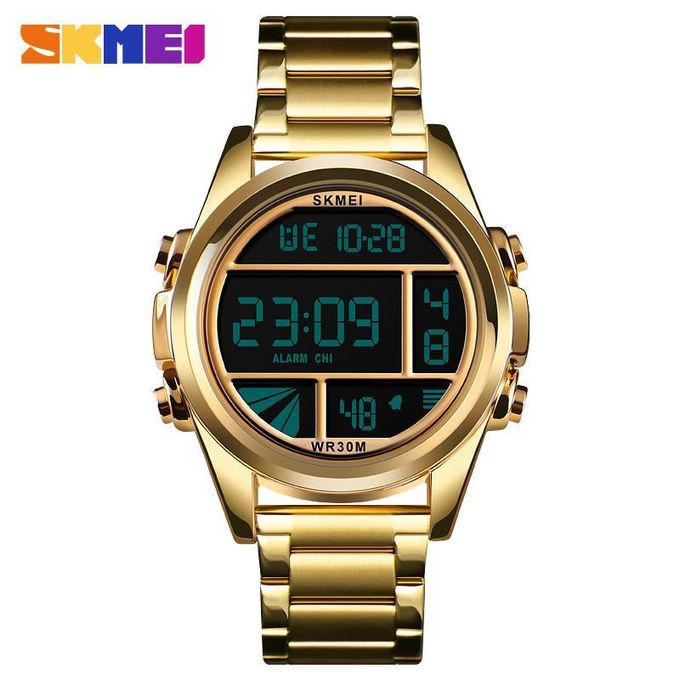 Skmei 1448 Mens Digital stainless water proof watch with alarm stopwatch and date- gold