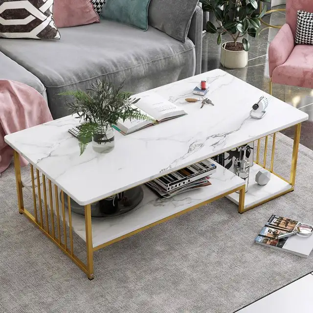 modern luxury coffee table marble effect elegant table with storage. High quality imported wooden table with steel made frame kitchen,dining or office table