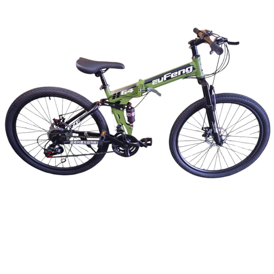 FOLDABLE MOUNTAIN BIKE BICYCLESIZE 26 WITH DISC BRAKES AND FRONT SUSPENSION AND SHIMANO GEARS