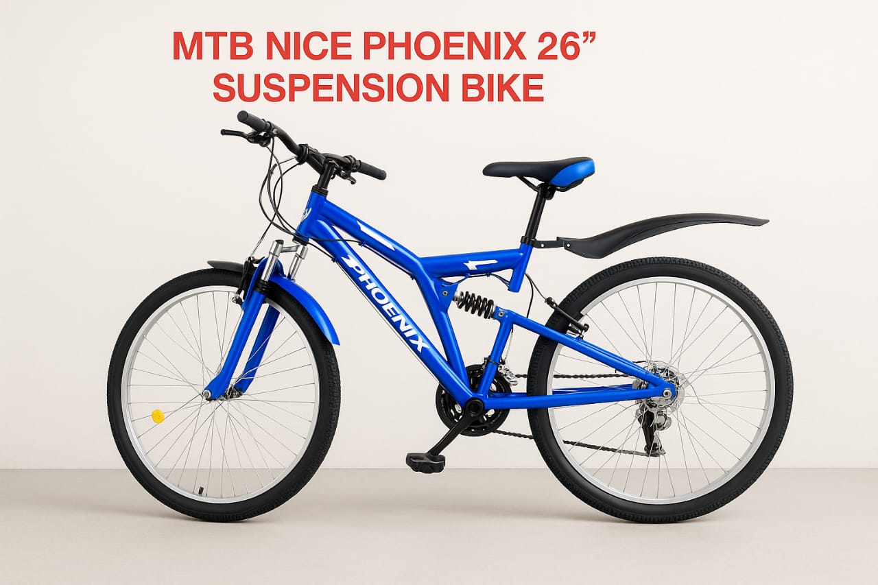 Phoenix MTB 26 Inch Suspension Bike, Strong Steel Frame, Dual Shock Absorbers, Smooth Gear System, Durable Mountain Bicycle for Adults and Teens