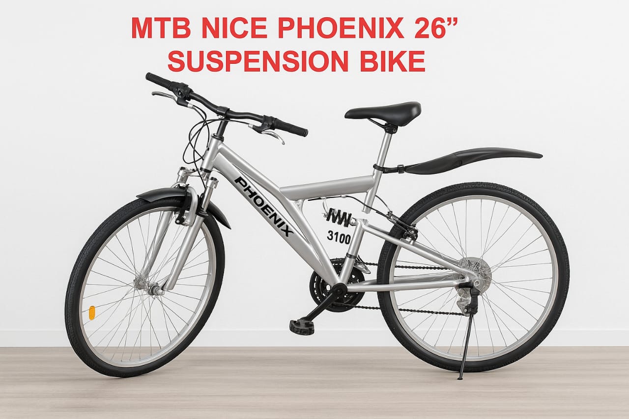 Phoenix MTB 26 Inch Suspension Bike, Strong Steel Frame, Dual Shock Absorbers, Smooth Gear System, Durable Mountain Bicycle for Adults and Teens