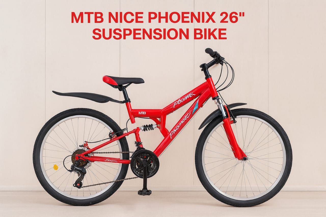 Phoenix MTB 26 Inch Suspension Bike, Strong Steel Frame, Dual Shock Absorbers, Smooth Gear System, Durable Mountain Bicycle for Adults and Teens