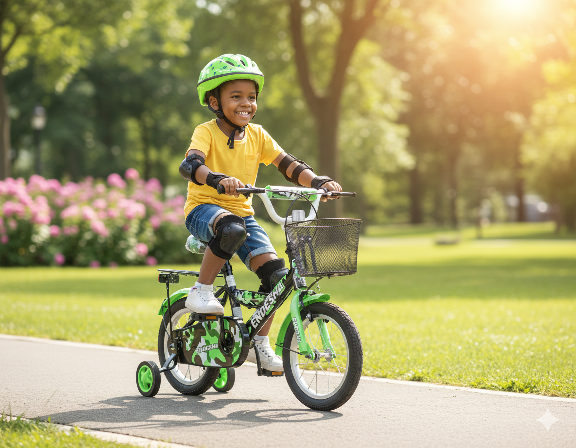 Endesha Size 12 Baby Bike with Side Mirror, Back Carrier & Front Metal Basket | Kids Bicycle for Ages 2-5 Years | Strong Alloy Frame & Safe Brakes