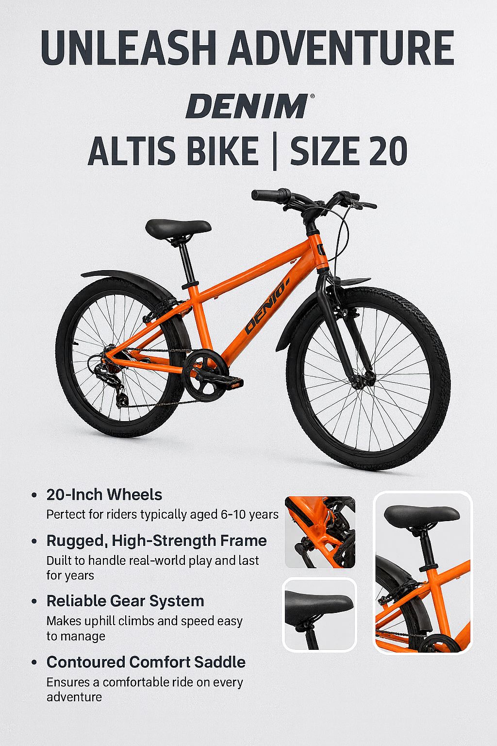 Denim 20-Inch Kids Road Bike (Ages 6-10) – Durable High-Carbon Steel Frame, Dual Brakes, Comfortable Saddle