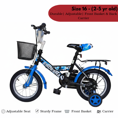 Endesha Size 12 Baby Bike with Side Mirror, Back Carrier & Front Metal Basket | Kids Bicycle for Ages 2-5 Years | Strong Alloy Frame & Safe Brakes