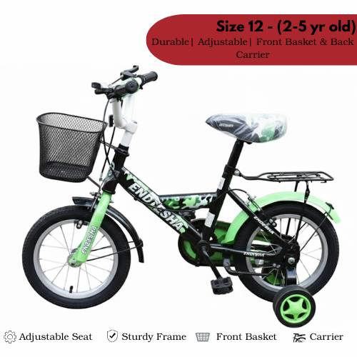 Endesha Size 12 Baby Bike with Side Mirror, Back Carrier & Front Metal Basket | Kids Bicycle for Ages 2-5 Years | Strong Alloy Frame & Safe Brakes