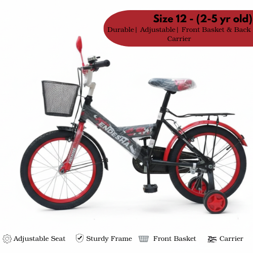 Endesha Size 12 Baby Bike with Side Mirror, Back Carrier & Front Metal Basket | Kids Bicycle for Ages 2-5 Years | Strong Alloy Frame & Safe Brakes