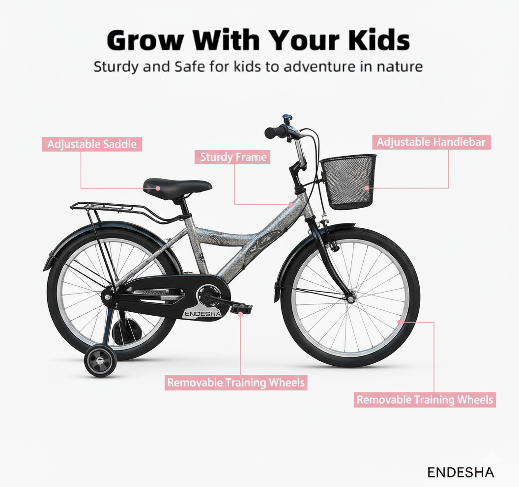 Endesha Size 12 Baby Bike with Side Mirror, Back Carrier & Front Metal Basket | Kids Bicycle for Ages 2-5 Years | Strong Alloy Frame & Safe Brakes