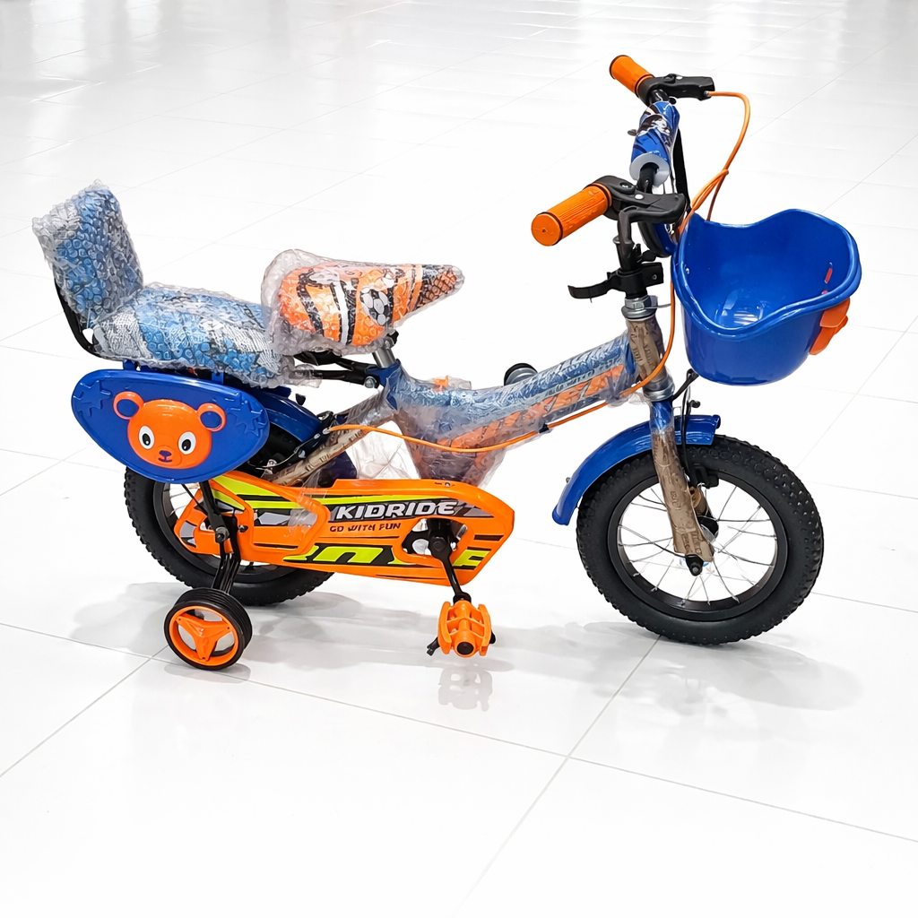 Size 12 KidRide Bike For 2-4 Years Kids With Strong Steel Frame,Training Wheels,Smooth Pedal System,Comfortable Padded Seat,Supportive Backrest,Front Carry Basket And Attractive Kid-Friendly Design.
