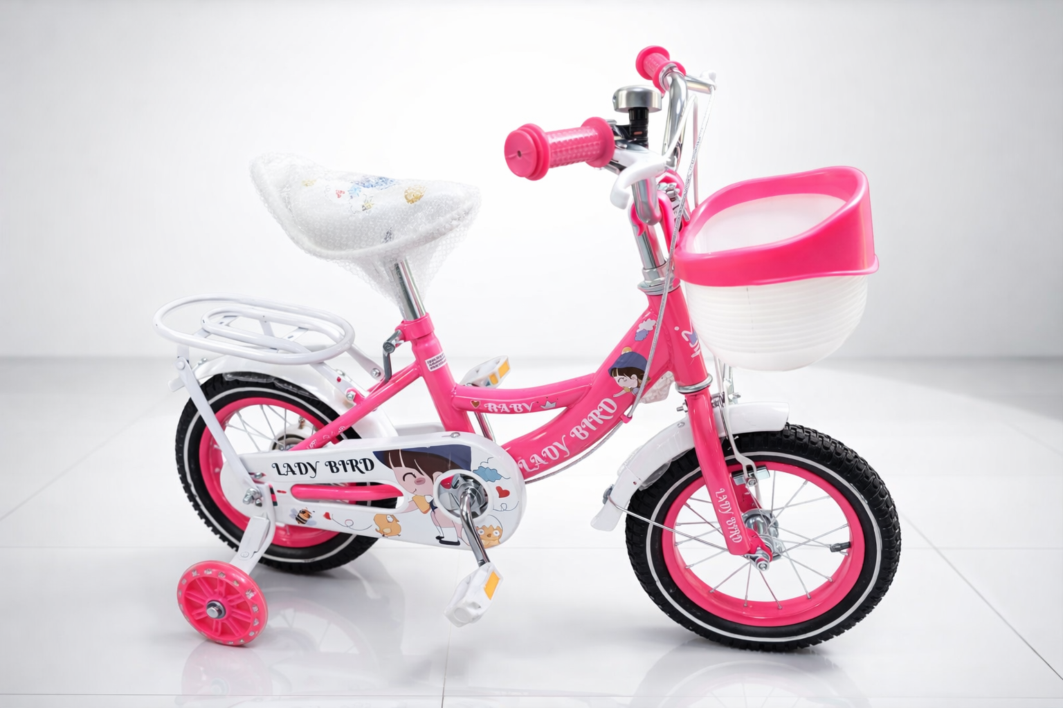 Lady Bird Size 12 Kids Bicycle – Pink | Training Wheels, Basket & Rear Carrier