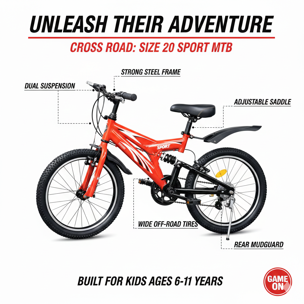 Durable Size 20 Sport Bike With Rear Suspension, Strong Steel Frame, And Wide Tires – Perfect For Kids Aged 6–11 Years. Safe, Stylish, And Built For Adventure.