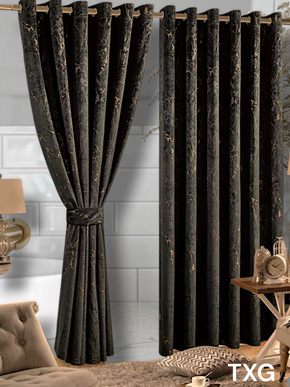 Marble Luxury Window Curtains&Shear(2Pcs Curtains 1.5M each)(1Pc Shear 2M)