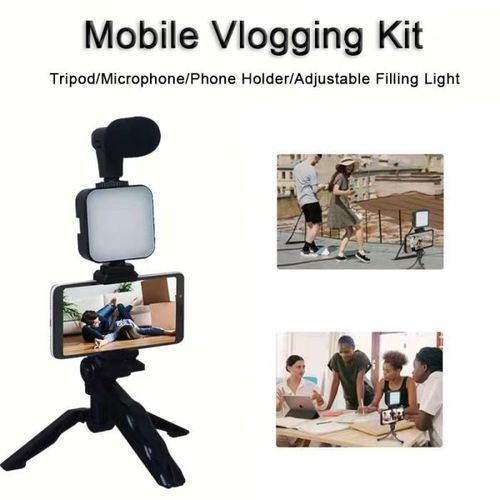 Camera Video Recording Vlogging Kit for Video Making, Mic, Mini Tripod Stand, LED Light & Phone Holder Clip for Making Videos Podcasting Black
