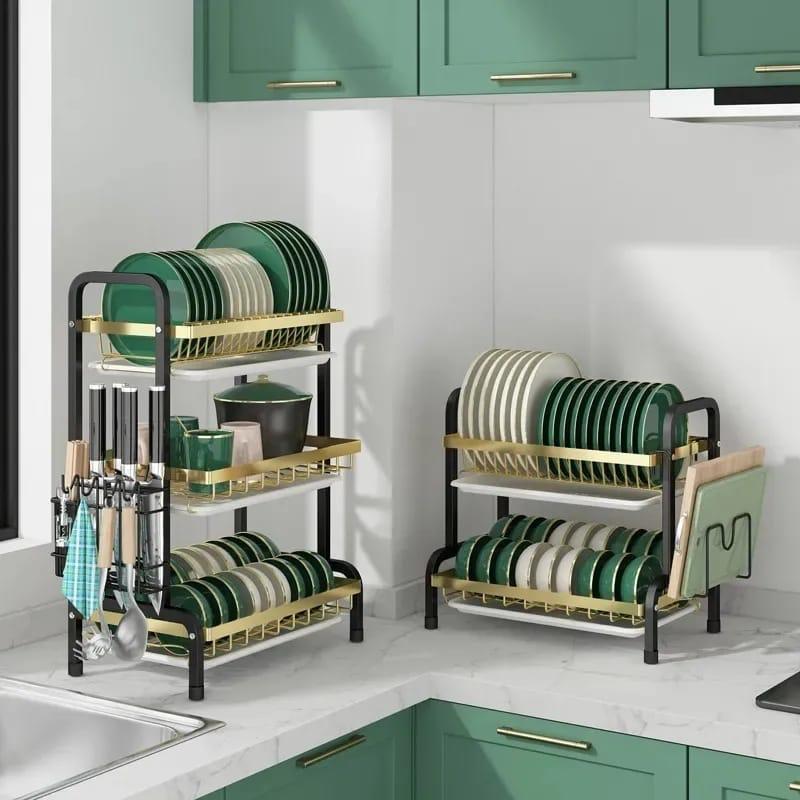DISH RACK. 3 layer advanced black gold dish rack, Made of high quality chrome-plated steel, Can be easily assembled, Easy to clean, Water pan at the bottom tier