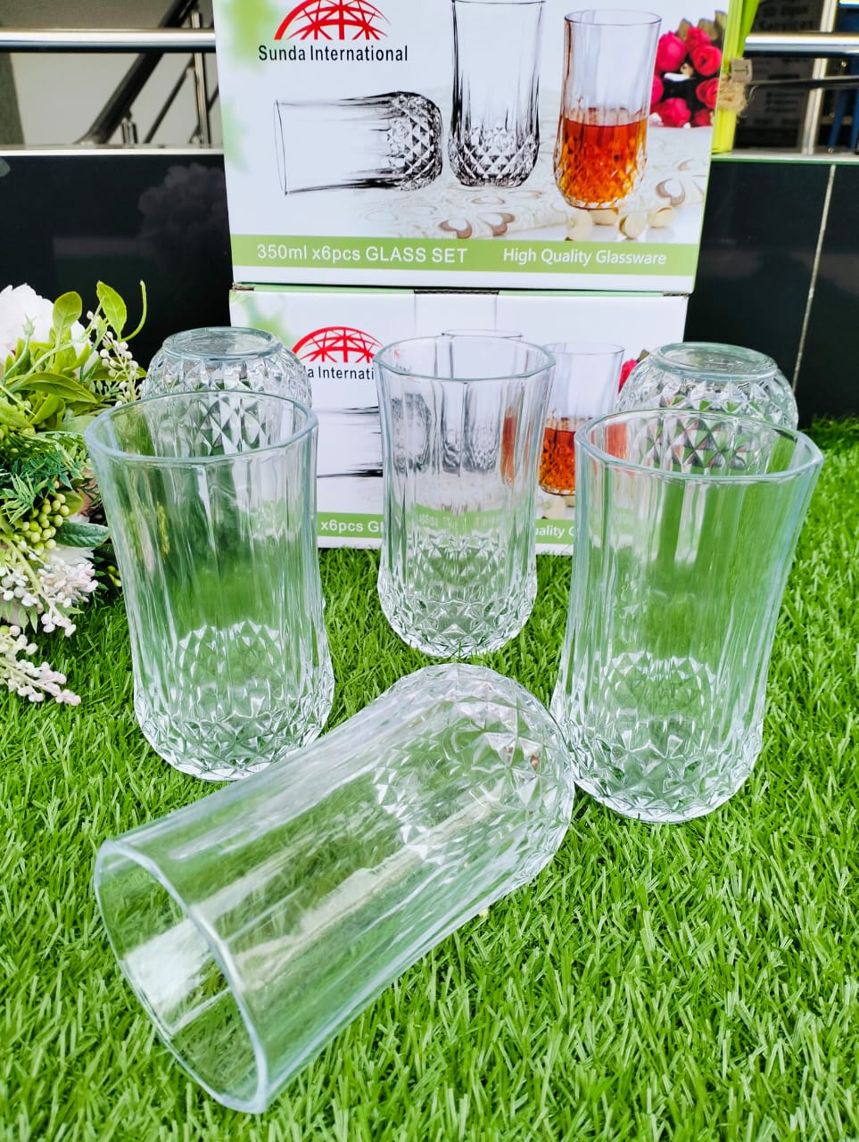 WATER GLASSES. Set of 6 Long Diamond Glasses, strong and achieves the perfect balance between elegance and functionality. High Resistance to Breakage, Dish Washer safe, Strong and Protected.