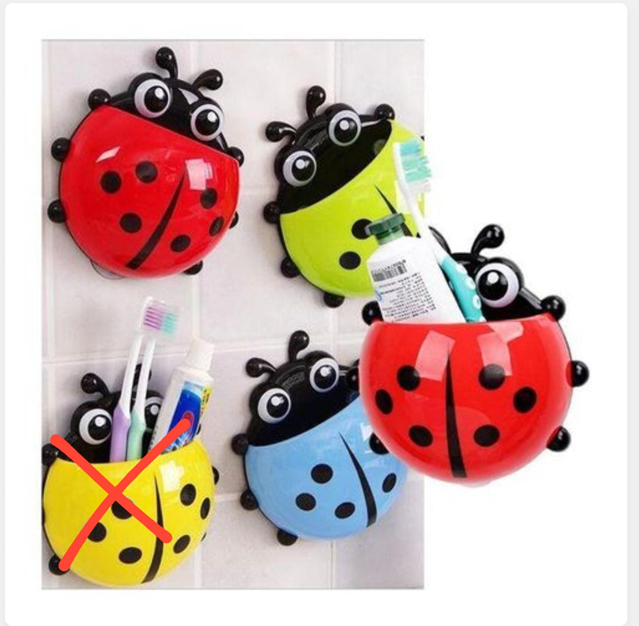 TOOTHBRUSH HOLDER. Ladybird toothbrush and paste holder. Suction cup adheres to mirror, tile, glass and other smooth surface, It is designed to keep your toothbrush dry and protected from dust.