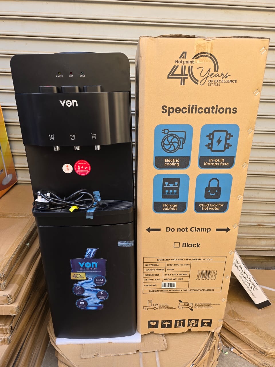 WATER DISPENSER. Von hot normal and cold 3 taps dispenser, Electric cooling system, Three hygienic taps, Indicator lights for easy operation, Durable stainless steel welded tank.