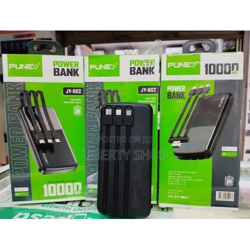 Punex 10000mAh Power Bank JY-602 with Detachable Cables. It features three detachable cables for universal compatibility, allowing you to charge various devices including Android, iPhone, and Type-C