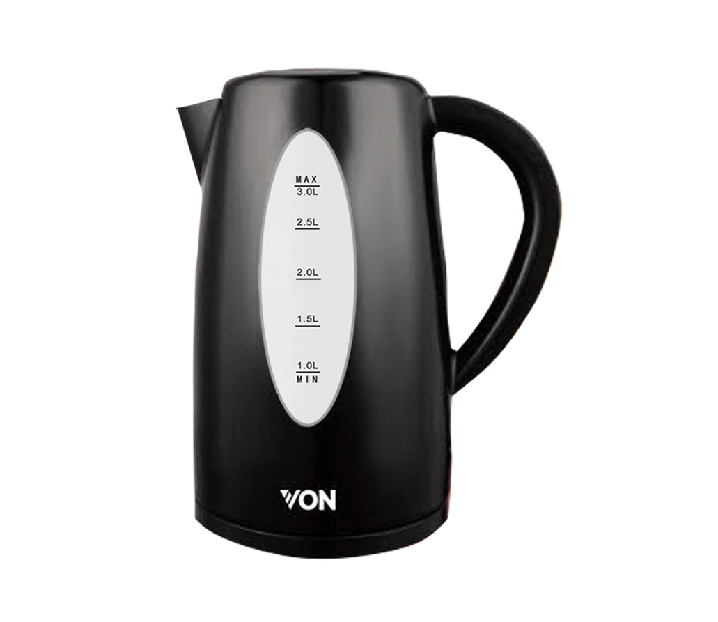 VON Cordless Kettle VSKL03BNK 3.0L  BLACK 1850-2200W 360 degree rotational plastic kettle  Boil dry protection  Safety lock lid and open lid automatically
