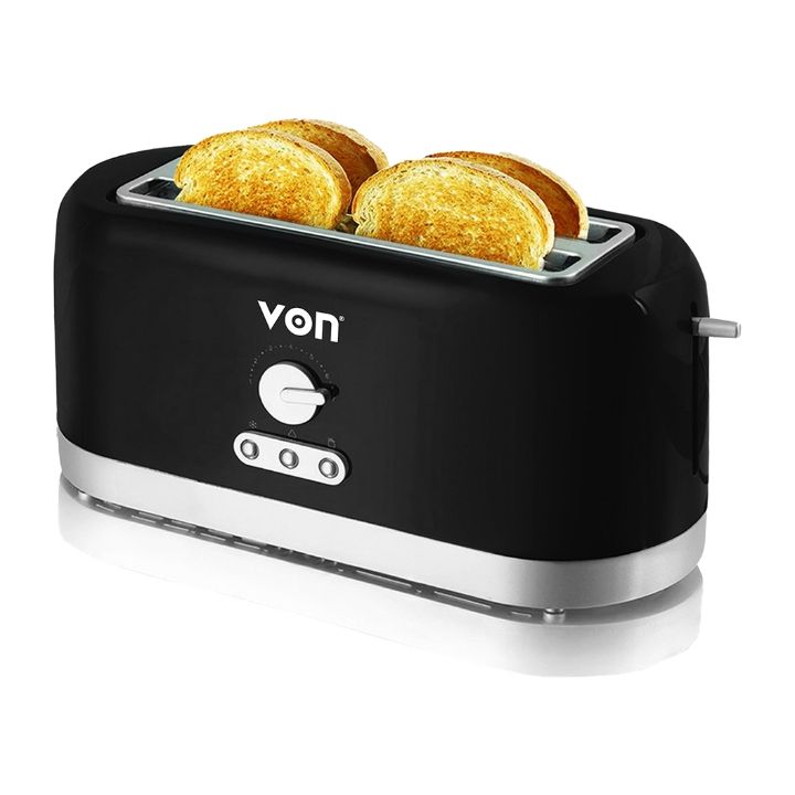 Von 4-Slice Toaster VSTP04MVK - 1400W Long Slot with Browning/Defrost/Reheat Functions, Anti-Jam & Removable Crumb Tray for Kitchen