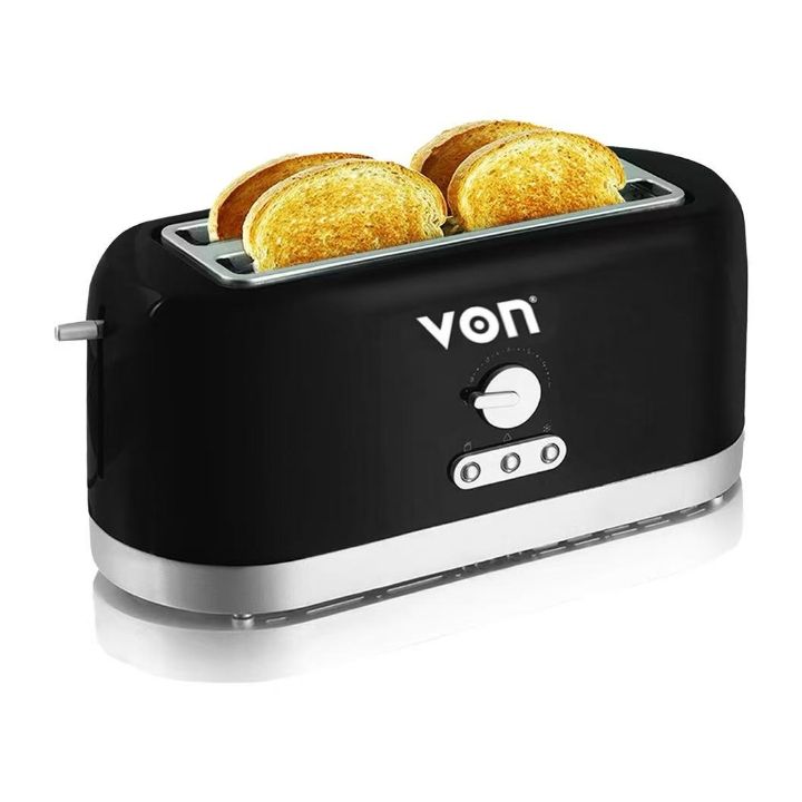 Von 4-Slice Toaster VSTP04MVK - 1400W Long Slot with Browning/Defrost/Reheat Functions, Anti-Jam & Removable Crumb Tray for Kitchen