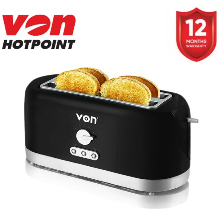 Von 4-Slice Toaster VSTP04MVK - 1400W Long Slot with Browning/Defrost/Reheat Functions, Anti-Jam & Removable Crumb Tray for Kitchen