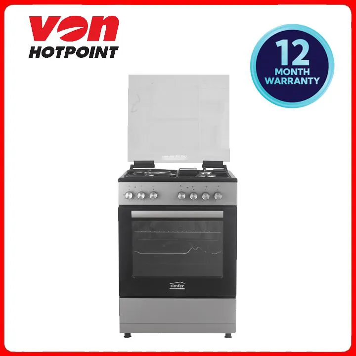 SIMFER Standing Cooker F6314SERBG 3 Gas + 1 Electric  sole plate, 60 L Oven  Black Top Inox Grey With Electric Oven