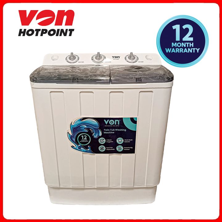 Von VALS-75BWY Twin Tub Washing Machine, 7.5kg Washing Capacity and 5kg Spinning Capacity,Designed to handle both washing and spinning needs efficiently, making it ideal for medium-sized households.
