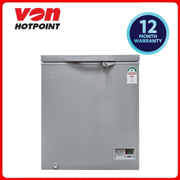 Von VAFC15DKG/DHG Chest Freezer - 142L, Grey, Cool/Ice Pack, Fully Tropicalized, Fast freeze, LED Light, Silver inner lining, 2 Star Energy Saving Rating