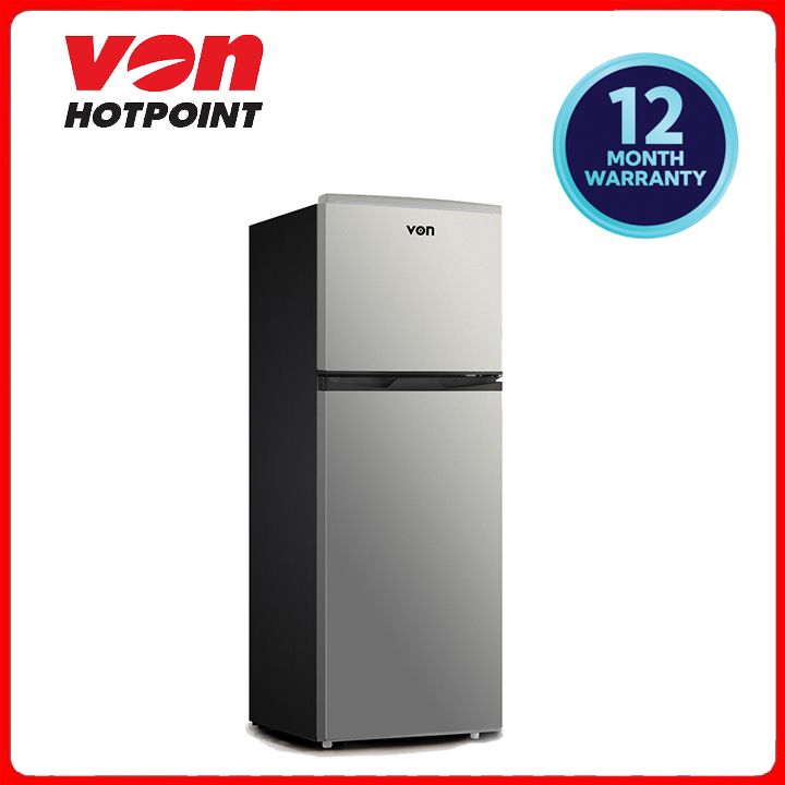 Von VART-19DHS Double Door Fridge 136L - Silver 3-year compressor warranty 136L direct cool refrigerator Thick thermal insulation Ice and egg tray provided Deep utility door pockets Interior lighting