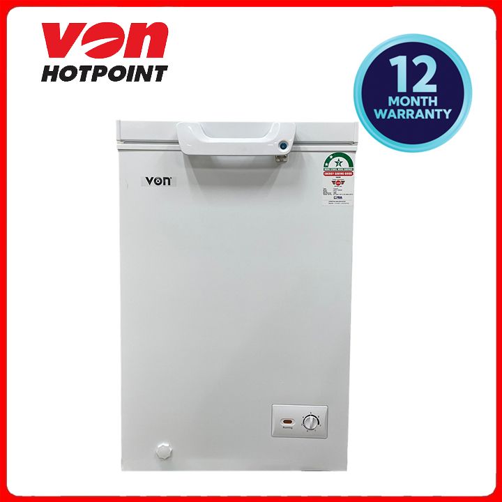 Von VAFC10DHW Chest Freezer, 98L - White, 1 Basket, Cool/Ice Pack, Fully Tropicalized, LED Light,2 Star Energy Saving Rating, Lockable, External handle, Castor wheels, Single door