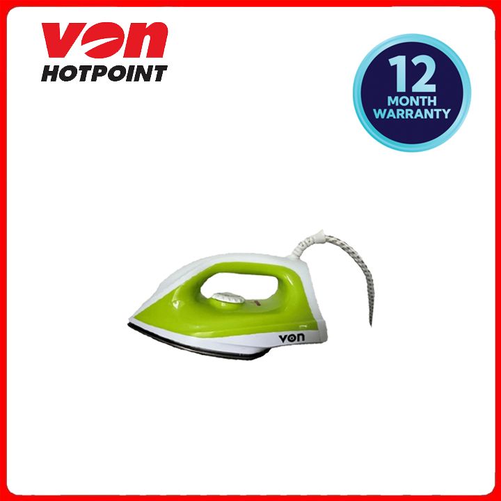 Von VID101NSG 1000W Dry Iron (Green) - featuring non-stick sole plate, pointed tip, variable temperature control, 360° nylon braided swivel power cord, suitable for clothing ironing