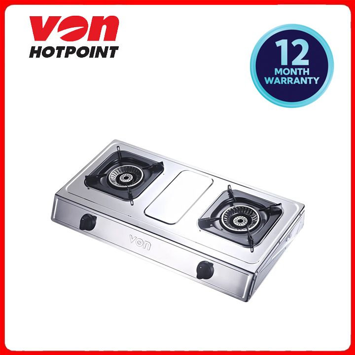 Von Table Top Dual Burner (VCT2XWGX, Stainless Steel) - featuring dual swirl burners, enamel-coated pan support, 4 foldable ears, auto ignition (35,000 strikes)