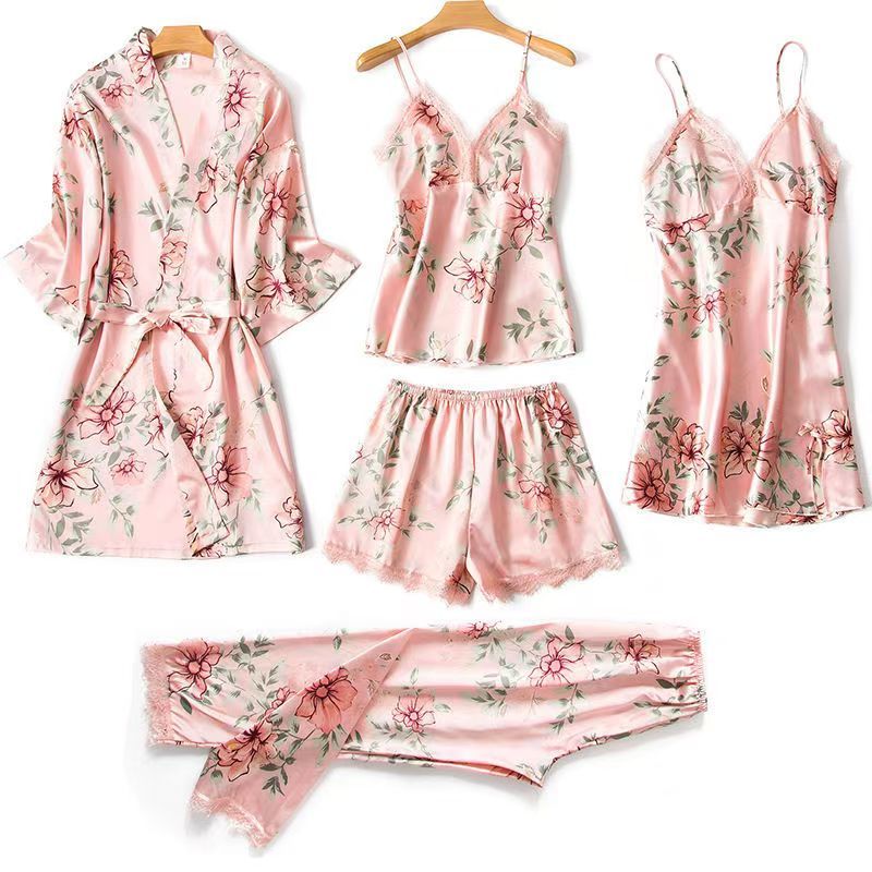 （ 5 Pieces Set）Women's Long Bathrobe Set Silk Spring Autumn Floral Print Ladies Dressing Gown 5 Pieces Set Nightdress Summer Satin Pajama