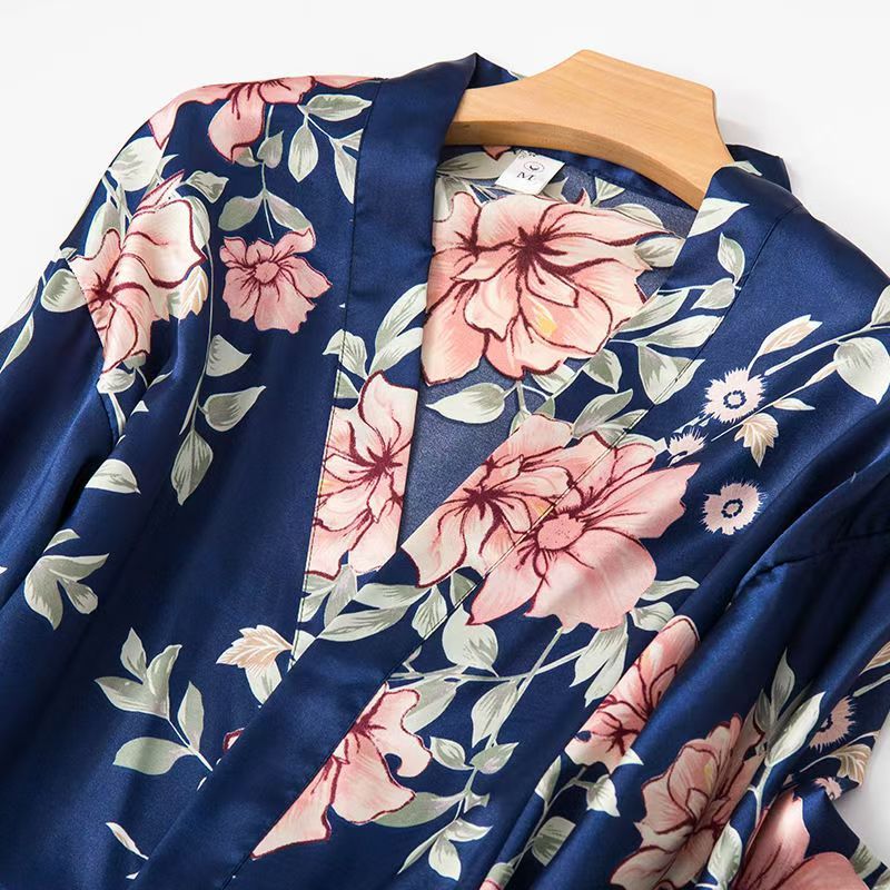 （ 5 Pieces Set）Women's Long Bathrobe Set Silk Spring Autumn Floral Print Ladies Dressing Gown 5 Pieces Set Nightdress Summer Satin Pajama