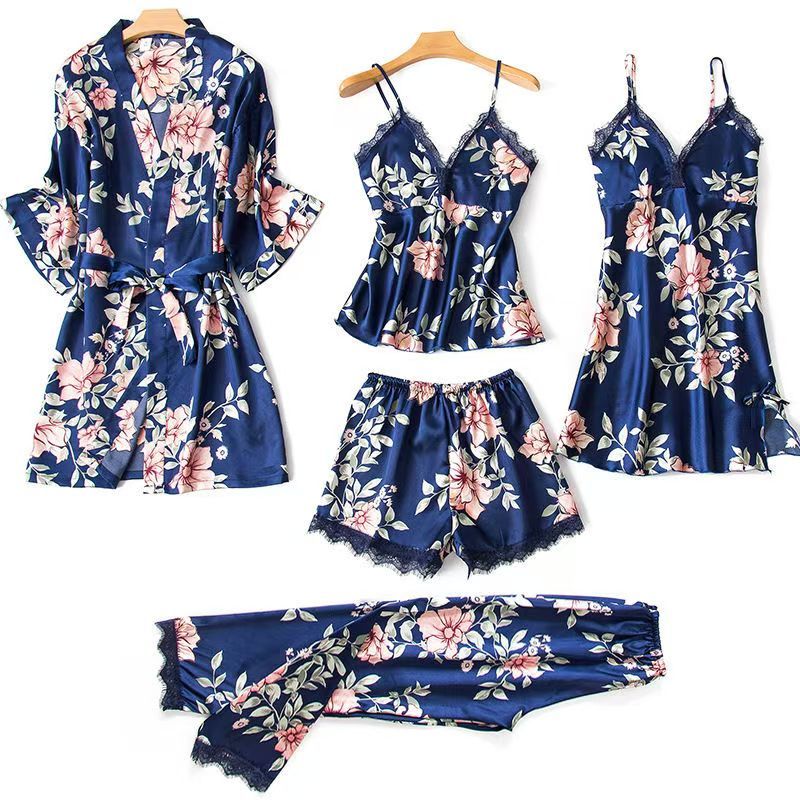 （ 5 Pieces Set）Women's Long Bathrobe Set Silk Spring Autumn Floral Print Ladies Dressing Gown 5 Pieces Set Nightdress Summer Satin Pajama