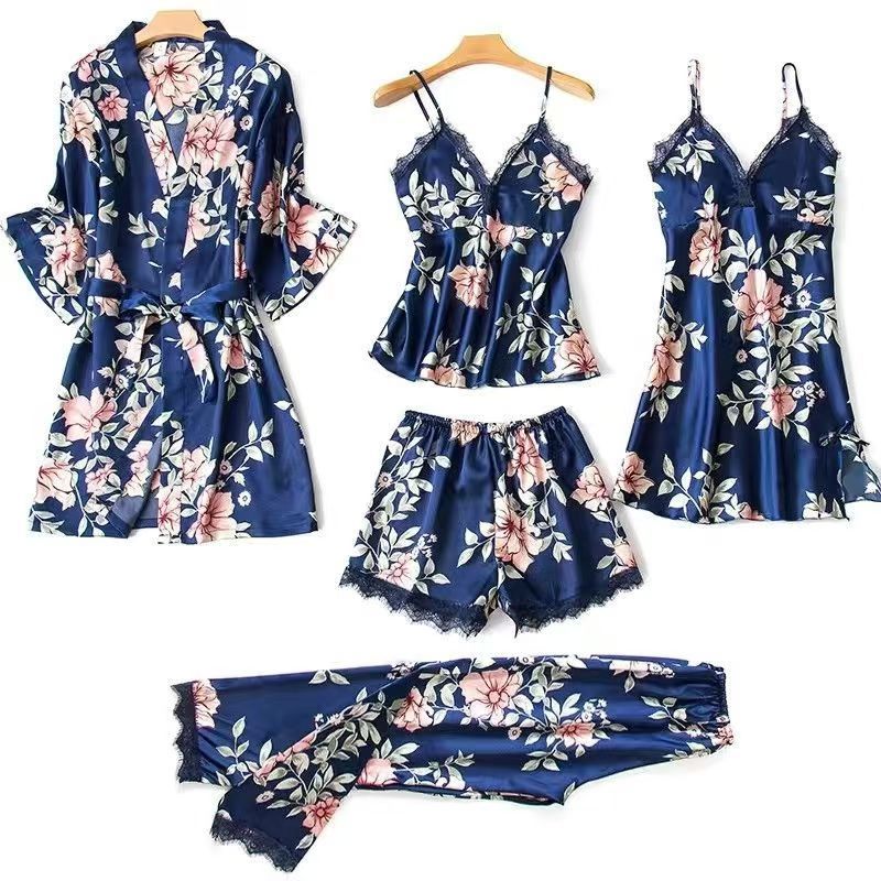 （ 5 Pieces Set）Women's Long Bathrobe Set Silk Spring Autumn Floral Print Ladies Dressing Gown 5 Pieces Set Nightdress Summer Satin Pajama