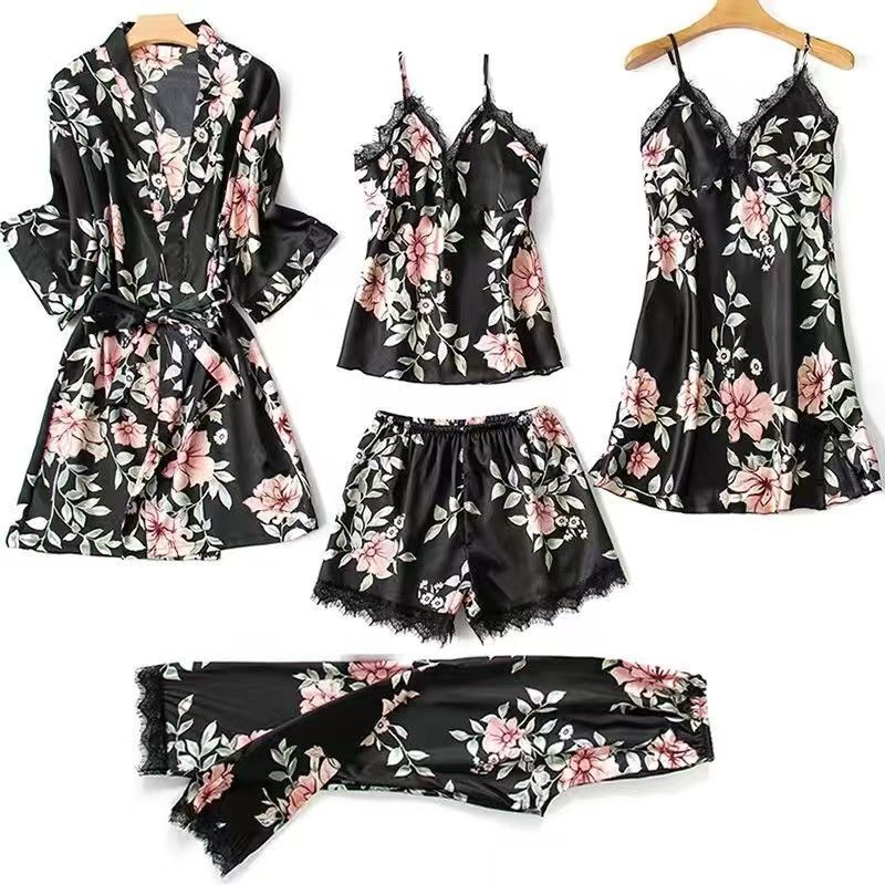 （ 5 Pieces Set）Women's Long Bathrobe Set Silk Spring Autumn Floral Print Ladies Dressing Gown 5 Pieces Set Nightdress Summer Satin Pajama